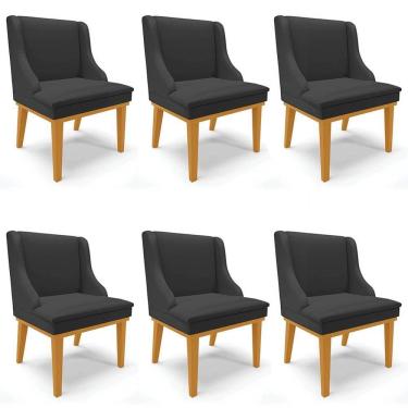 Imagem de Kit 6 Cadeiras Estofadas Sala de Jantar Base Fixa de Madeira Castanho Lia Sintético Preto - Ibiza