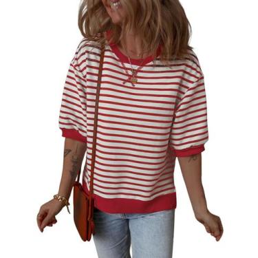 Imagem de Camiseta feminina Dokotoo listrada com mangas 3/4, vermelha primavera