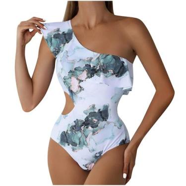 Imagem de Moda Feminina Sexy Swimwear One Shoulder Ruffles Impresso Backless Sia