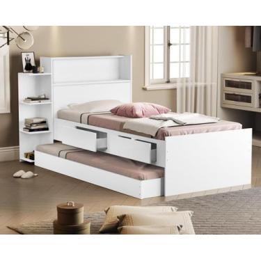 Imagem de Cama Solteiro com Prateleiras  2 gaveta mais Auxiliar Branco - VJ Móve