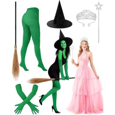 Imagem de Cotwinter 6 peças de fantasia de bruxa para mulheres, incluindo chapéu de vassoura preto de bruxa, leggings de mangas verdes, varinha de princesa, estrela, coroa de rainha para Halloween, festas