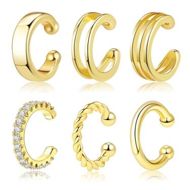 Imagem de POXTEX Brincos de orelha banhados a ouro 14K sem dor e antiderrapantes para mulheres, não perfurados, zircônia cúbica redonda delicada e grossa, conjunto de brincos de cartilagem com clipe à prova d'água para presentes femininos, Ouro amarelo, Zircônia cúbica