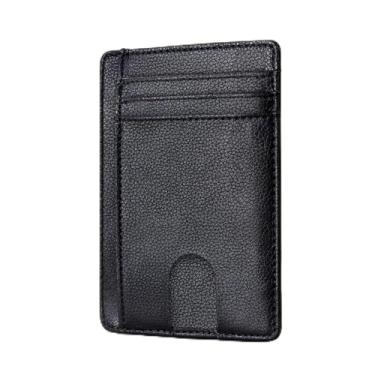 Imagem de Carteira masculina com bloqueio de RFID, porta-cartão de crédito para homens e mulheres, couro fino, minimalista, porta-cartões RFID, bolso Ridge, carteira de viagem, Preto, Simples