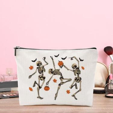 Imagem de Bolsa de maquiagem com folhas de esqueleto de outono e Halloween, presentes divertidos de Halloween para amigas, mulheres, meninas, amantes de livros, bolsas de cosméticos