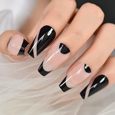 Imagem de Unhas postiças pretas brilhantes nude de comprimento médio para caixão de cobertura completa pré-design de unhas postiças kits de manicure