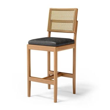 Imagem de Banqueta Milena Madeira Maciça Assento Estofado Encosto De Tela Palha Sextavada Courino Preto 503