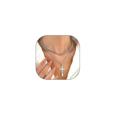 Imagem de RTY Colar com cruz de camada dupla empilhada, delicada, pingente de cruz em camadas, gargantilha feminina fashion