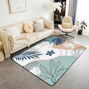 Imagem de Tapete verde claro com flores fofas para sala de estar | Tapete de área grande com círculo boho, 12 x 18 cm, lavável, antiderrapante, redondo, folha botânica, abstrato, tapete para sala de jogos, sala