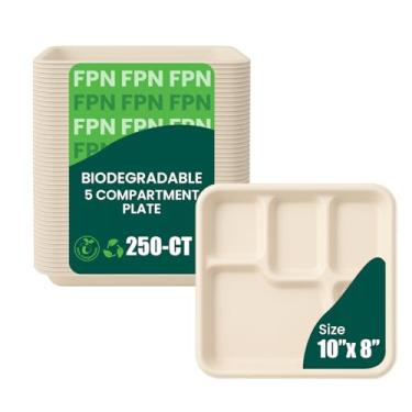 Imagem de Placas FPN com 5 compartimentos, 250 bandejas descartáveis – fibra de cana-de-açúcar, biodegradável e compostável, pratos de papel para refeições, bufê, almoço escolar, seguro para micro-ondas e