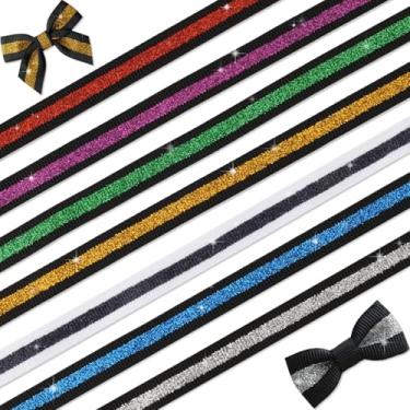 Imagem de YKW Conjunto de fitas de glitter 7 cores 3/20.3 cm, preto dourado azul vermelho verde roxo prata branco, sem queda de gorgorão, listra brilhante 14 jardas no total, acessórios de cabelo para embrulho