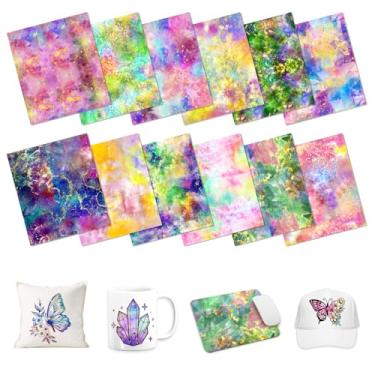 Imagem de HTVSTD Folhas de transferência de tinta de sublimação de aquarela com glitter opala - 12 peças de papel de sublimação de 30 x 25 cm para copos, camisetas, canecas, folhas de transferência de
