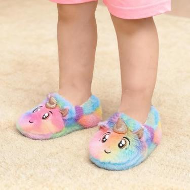 Imagem de Chinelos infantis fofos de inverno para casa, sem cadarço, quentes, antiderrapantes, Arco-íris, 18-19