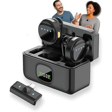 Imagem de Microfone Lapela Sem Fio Duplo Plug and Play, Preto, com Case de Carregamento, Transmissor USB Tipo-C, 2 Microfones, Conexão Instantânea