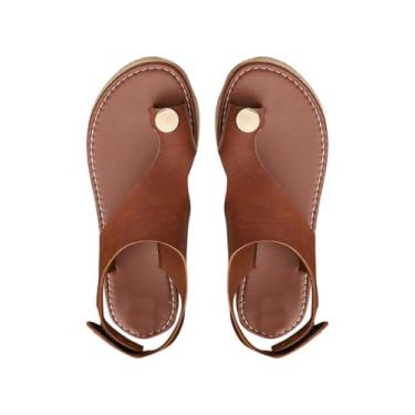 Imagem de OYOANGLE Sandália feminina de metal com anel de dedo para decoração de dedo do pé com tira no tornozelo larga larga para férias, Marrom, 39