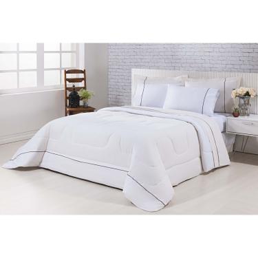 Imagem de Kit Edredom 100% Algodão Percal 150 Fios Dupla Face Casal + Jogo De Cama Gran Moratta 7 Peças - Palha/Branco
