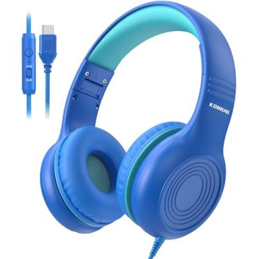 Imagem de KONNAO Fone de ouvido infantil USB tipo C atualizado, fones de ouvido com fio para crianças com microfone para meninos e meninas, ajustável 85dB/94dB volume limitado (azul marinho/azul)
