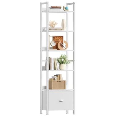 Imagem de Furologee Estante de 6 camadas, prateleira alta com gaveta, organizador de armazenamento de estantes de madeira e metal, prateleira moderna para quarto, sala de estar, escritório em casa, branca