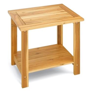 Imagem de DPWOODON Mesa lateral externa de 2 camadas, mesa de canto resistente ao clima com prateleira de armazenamento, mesa de centro de madeira para interior, quintal, jardim, cama, sala de estar (natural)