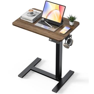 Imagem de YOLEZO Mesa elétrica ajustável de altura – mesa de laptop portátil pequena com rodas ocultas, pequena estação de trabalho de computador para uso de cabeceira e escritório em casa (61 x 40 cm, nogueira