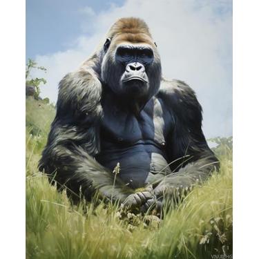 Imagem de VNUIEHG Pintura por números para adultos, gorila sentado na grama, pintura por números em tela, arte de desenho de pintura DIY para presente iniciante, 40 x 50 cm, sem moldura