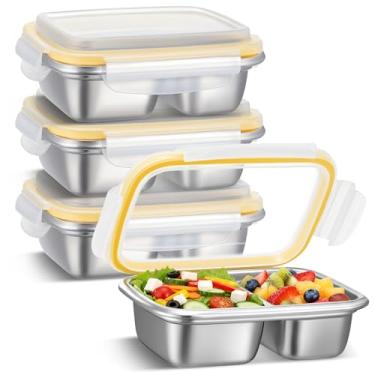 Imagem de Blushtier Pacote com 4 recipientes de lanche de aço inoxidável, compartimento duplo de 550 ml com tampas, aço inoxidável 304, armazenamento de alimentos reutilizável, fácil de lavar, ideal para