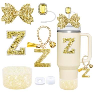 Imagem de Conjunto de acessórios de copo dourado de 7 peças para Stanley Cup 850 g/1,134 g, inclui tampa de canudo de joias, tampa à prova de derramamento, decorações de iniciais, pingente de alça, bota de