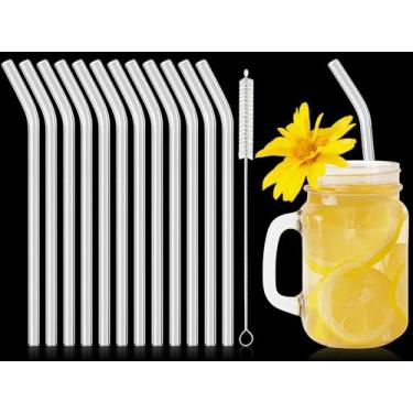 Imagem de 12 canudos de vidro reutilizáveis de 20 x 8 mm com escova de limpeza para chá, smoothies, milkshakes, sucos, bebidas (transparente)