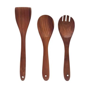 Imagem de LUCENTKART Conjunto de colheres de espátula de madeira para cozinhar e servir | Conjunto de utensílios de espátulas de madeira teca para panelas antiaderentes e panelas (conjunto com 3)
