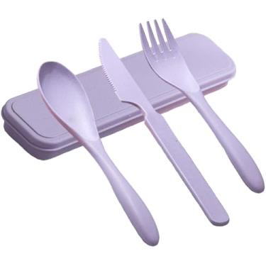 Imagem de Conjunto de utensílios de viagem reutilizáveis com estojo, colher de garfo de faca portátil de palha de trigo, talheres de acampamento para lancheira, utensílios de mesa de plástico ecológicos, sem