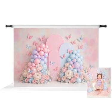 Imagem de Kate Cake Smash Balão pastel floral borboleta pano de fundo para meninas festa de aniversário 2,1 x 1,5 m