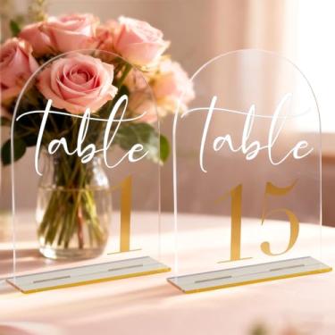 Imagem de Números de mesa de casamento de acrílico em arco com fonte e suportes dourados - placas de número de mesa de acrílico transparente de 12 x 18 cm para recepção de casamento, aniversário, evento e