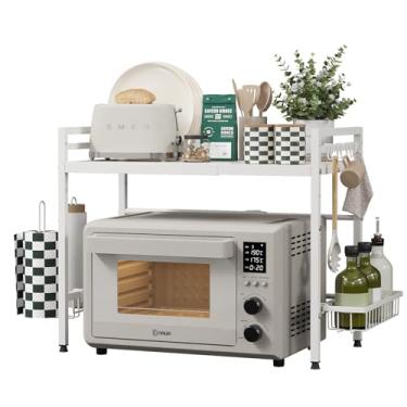 Imagem de NETEL Suporte expansível para micro-ondas, prateleiras organizadoras de bancada de cozinha de metal de 2 camadas com suporte de toalha de papel e cestos, suporte de padeiro, prateleira de micro-ondas