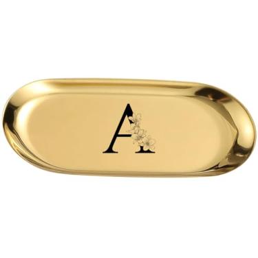 Imagem de Bandeja de joias de metal dourada com monograma com letra A, design de anel com letra A floral gravada a laser, organizador decorativo de 18 x 8 cm para itens pequenos