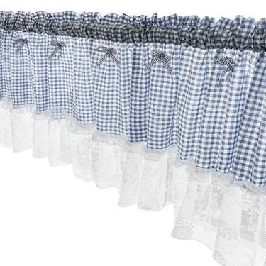 Imagem de Saia guingão com renda, cortina xadrez azul curta para cozinha e banheiro, babados com laço, 140 x 61 cm, ideal para café e restaurante