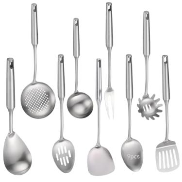Imagem de Conjunto de utensílios de cozinha de metal com 9 peças, utensílios de cozinha de aço inoxidável com concha, espátula, garfo, virador de fenda, servidor de massa, escumadeira e colheres sólidas, com