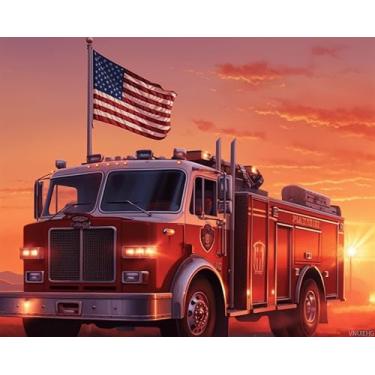 Imagem de VNUIEHG Pintura por números para adultos 40,6 x 50,8 cm, kits de pintura por números em tela, faça você mesmo, pintura a óleo por números para bombeiros iniciantes, caminhão de bombeiros, bandeira