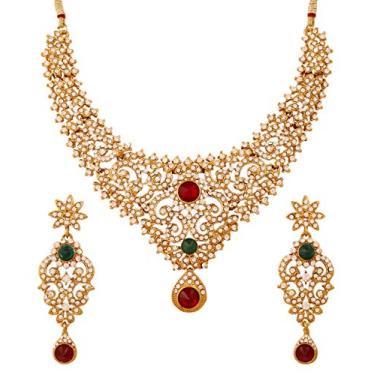 Imagem de Colar de joias com cristais esmeralda de rubi falso esmeralda entalhado indiano Bollywood Touchstone em tom dourado antigo