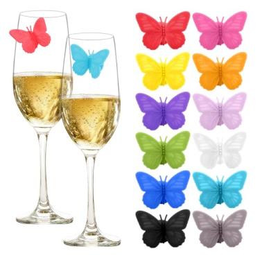 Imagem de Taça de vinho, 24 peças de marcadores de taça de vinho borboleta, marcadores de vinho de silicone para copos, marcador magnético 3D, etiquetas de bebida multicoloridas para casamentos, aniversários