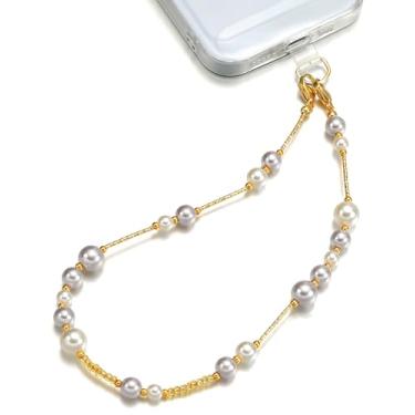 Imagem de TRBR Pulseira com pingente de telefone com pérola branca e cinza, corrente de pulseira com contas douradas, elegante pulseira mãos livres para iPhone e mais capas de celular