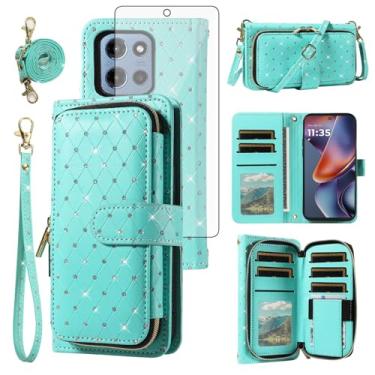 Imagem de Asuwish Capa de celular para Motorola Moto G 5G 2025 capa carteira com zíper com protetor de tela de vidro temperado, alça transversal com cordão com glitter, compartimento para cartão G5G 5 G G5