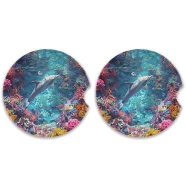 Imagem de ATTX Pacote com 2 porta-copos de carro para bebidas absorventes, recifes de corais coloridos porta-copos de cerâmica para seu carro com aderência na ponta dos dedos, #143