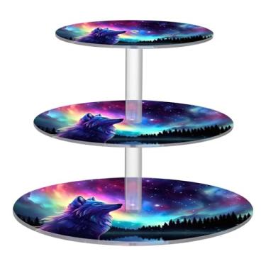 Imagem de Blueangle Suporte redondo de cupcake de 3 camadas – Torre de sobremesa de acrílico Aurora Boreal Lobo, suporte de sobremesa em camadas antiderrapante para chá de bebê, aniversário, festa de casamento