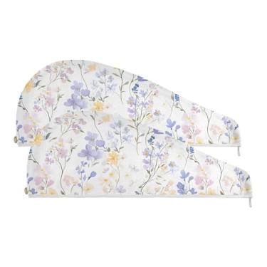 Imagem de SEHANY Toalha de cabelo de microfibra de flores coloridas elegantes para mulheres, 2 peças, turbantes de cabelo de secagem rápida com botão, touca de cabelo seco absorvente toalha de secagem de cabelo