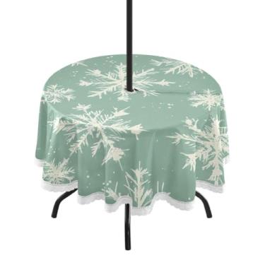 Imagem de CEBUGI Toalha de mesa redonda para uso ao ar livre, branca, floco de neve, à prova d'água, com furo Umberlla, capa de mesa lavável para pátio, cozinha, sala de jantar, 152 cm