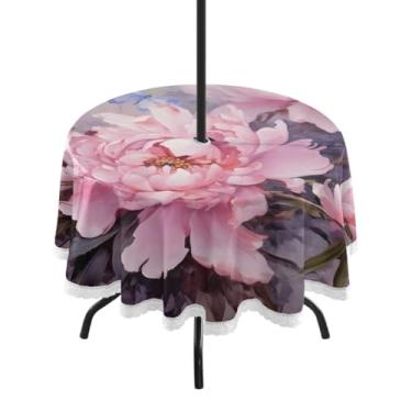 Imagem de CEBUGI Toalha de mesa redonda para uso ao ar livre, flor, borboleta, impermeável, com furo Umberlla, capa de mesa lavável para pátio, cozinha, sala de jantar, 152 cm