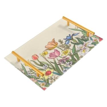 Imagem de Wassud Bandejas de acrílico vintage tulipas de primavera para banheiro, joias, perfumes, alça para maquiagem, cômoda, quarto, cozinha, bancada, mesa, 30 x 20 cm