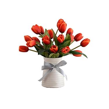 Imagem de YYBOES Conjunto de flores artificiais de tulipa artificial arranjo de flores com vaso de padrão espiral de cerâmica pequena flor seca falsa para decoração de sala de estar flores artificiais de casa e