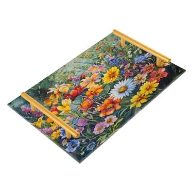 Imagem de Wassud Bandeja de banheiro vibrante Flower Fields com alças organizador de perfume de joias acrílicas para banheiro, quarto, cozinha, balcão 30 x 20 cm