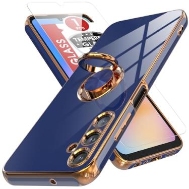Imagem de AZHEPU Capa para Samsung Galaxy A05S com protetor de tela de vidro temperado, capa para Galaxy A05S com suporte de anel magnético, borda dourada banhada a ouro, capa para celular de TPU macio e ajuste
