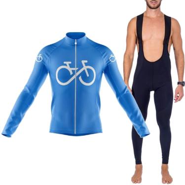 Imagem de Kit Camisa Bretelle Longo Bike Forever Azul Forro Gel 3D Ciclismo-Masculino